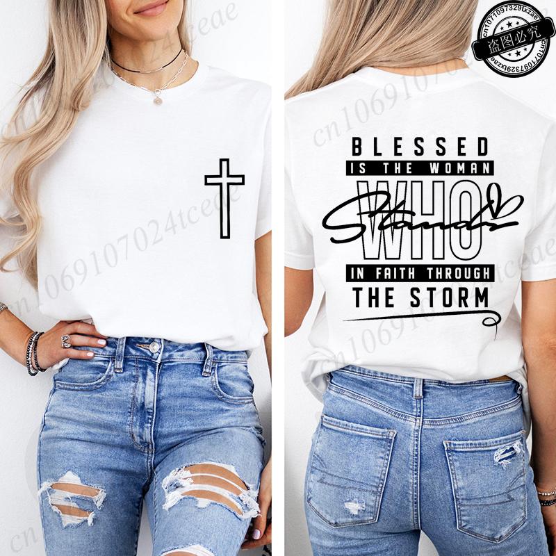 Jesus Christ Cross Shirts Designs TShirt for Women Jesus Faith Blessed Is The Women Graphic Tee Casual Short Sleeve Tshirt Tops S
