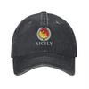 SICILY EMBROIDERED WASHED COTTON BASEBALL CAP WITH CLASSIC HERALDIC DESIGN BLACK CANVAS HAT FOR Unisex AND Women