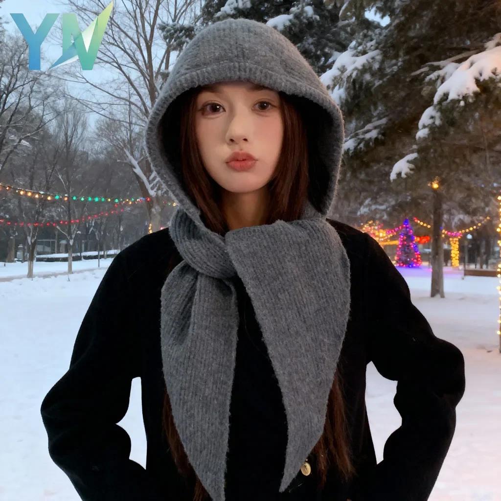 Autumn Winter Women Knitted Hat Scarf Set Ins Style Balaclava Beanie Windproof Warm Plush Hood Outdoor Cycling Christmas Gift