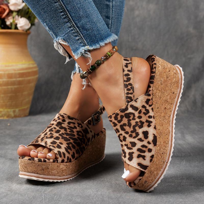 Summer Leopard Platform Slippers Women's Round Toe Open Toe One Strap Anti-Slip Wear-Resistant Plus Size Kitten Heels
