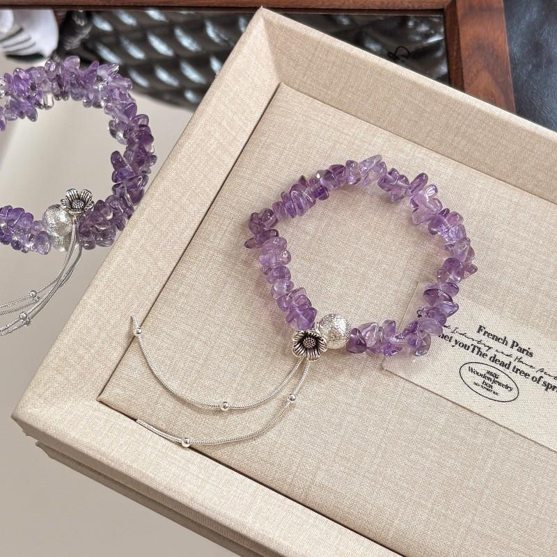Handmade Purple Amethyst Chip Beaded Bracelet Women Romantic Minimalist Floral Design Gift