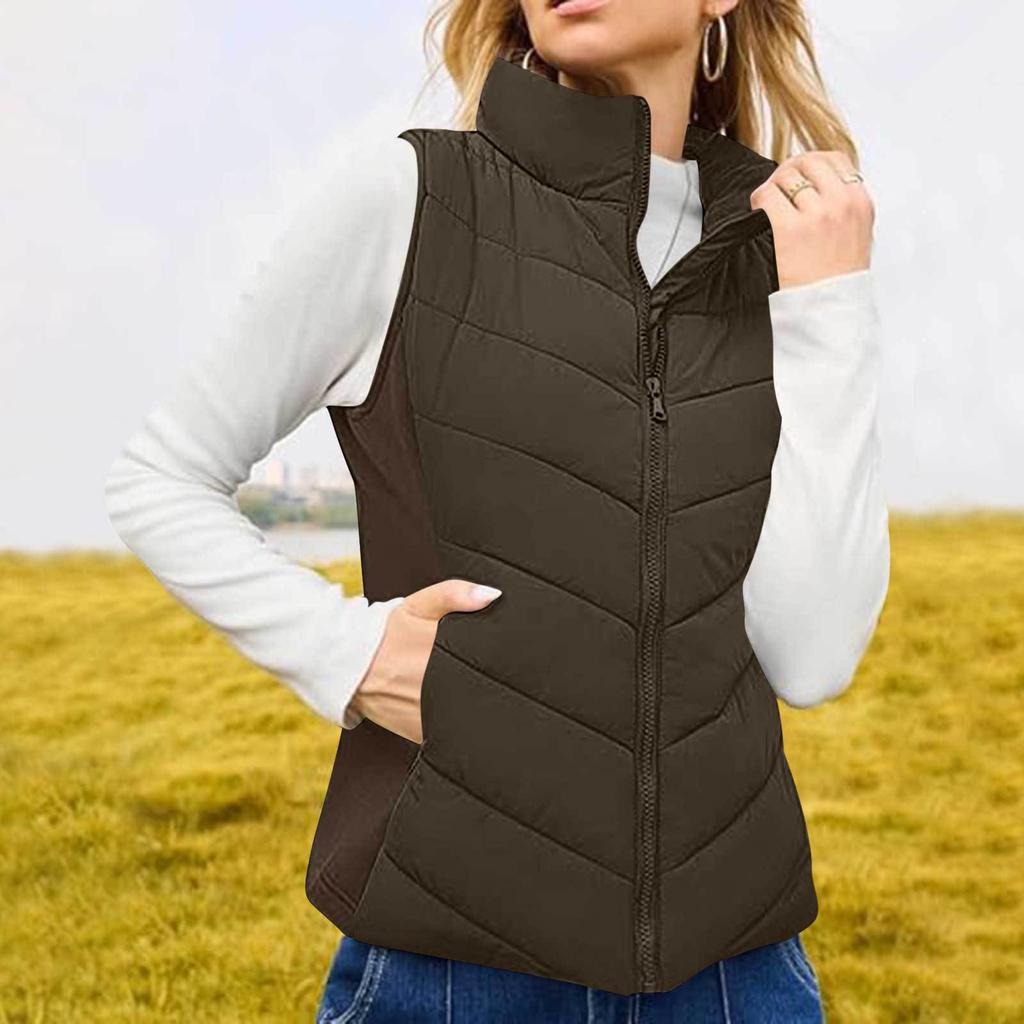 Women's Fashionable Solid Color Stand Up Collar Sleeveless Zipper Pocket Jacket Vest Jacket