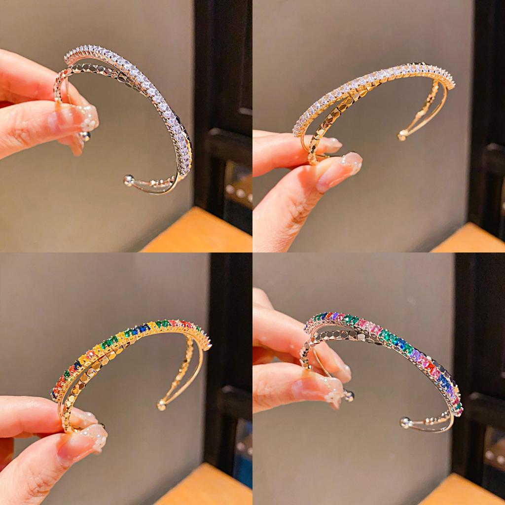 Geometric Zircon Metal Open Cuff Bracelet With Sparkling Stones For Women Fashion Jewelry