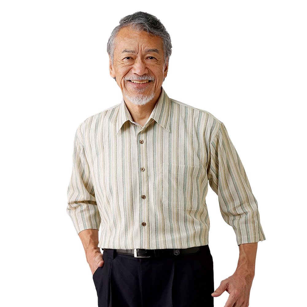 

Made in Japan Takashima Chijimi Striped Sleeve Shirt [Paul Miller] 3/4 (M, Beige) бежевый