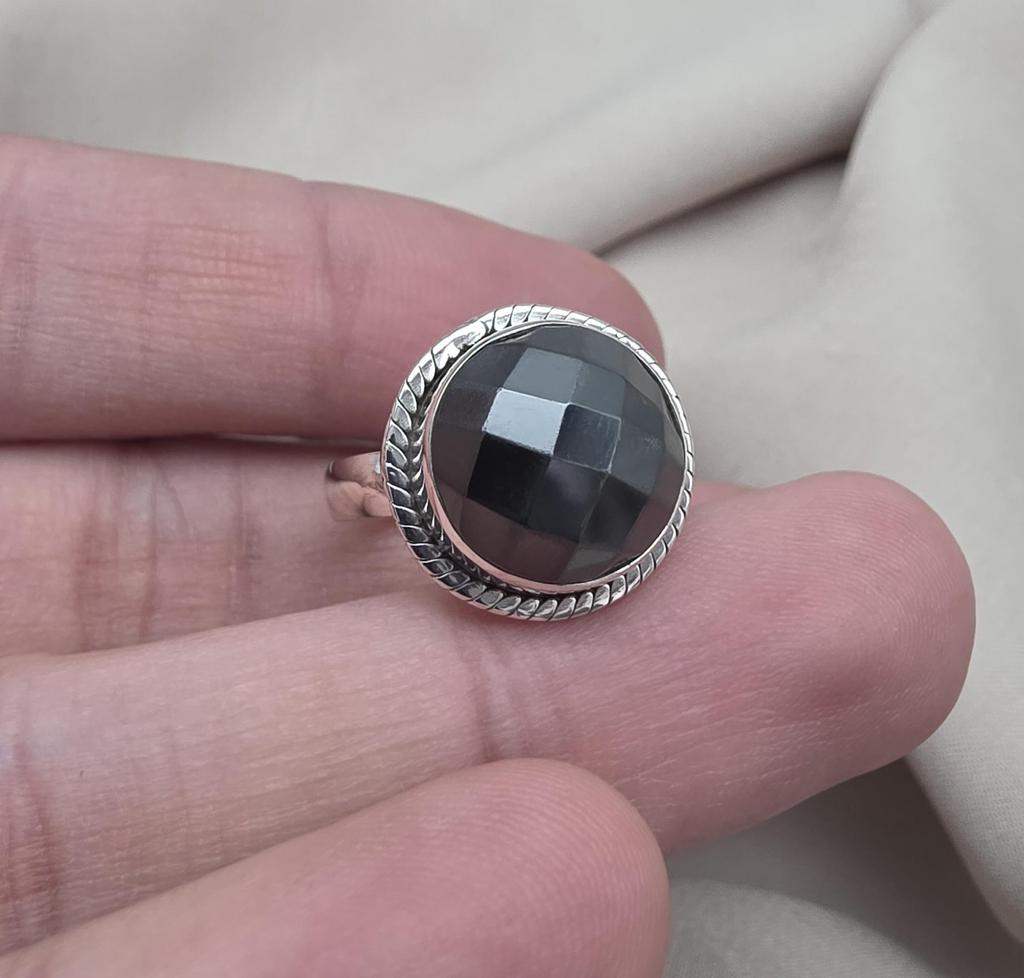 925 Sterling Silver Hematite Ring Faceted Round Gemstone Boho Minimalist Silver Jewelry