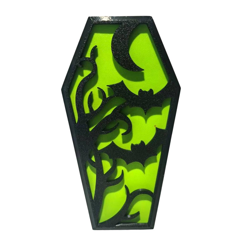 Halloween Coffin Decoration with LED Light Bat and Ghost Design Indoor Outdoor Party Prop Atmosphere Enhancer