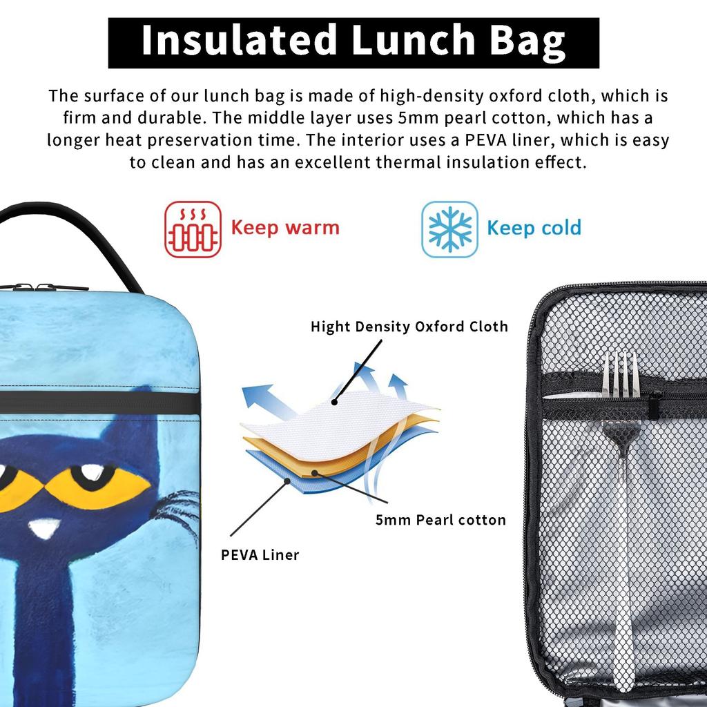 Pete the Cat Insulated Lunch Bags Portable Cartoon Cat Reusable Cooler Bag Tote Lunch Box Work Travel Men Women