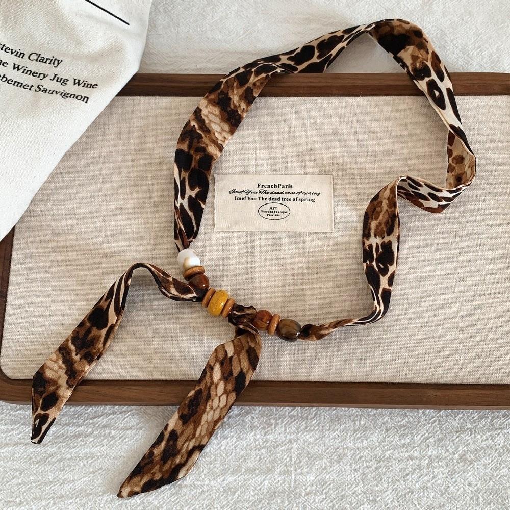Print Pattern Beaded Scarf Leopard Print Sweater Chain Elegant Scarf Necklace  Women