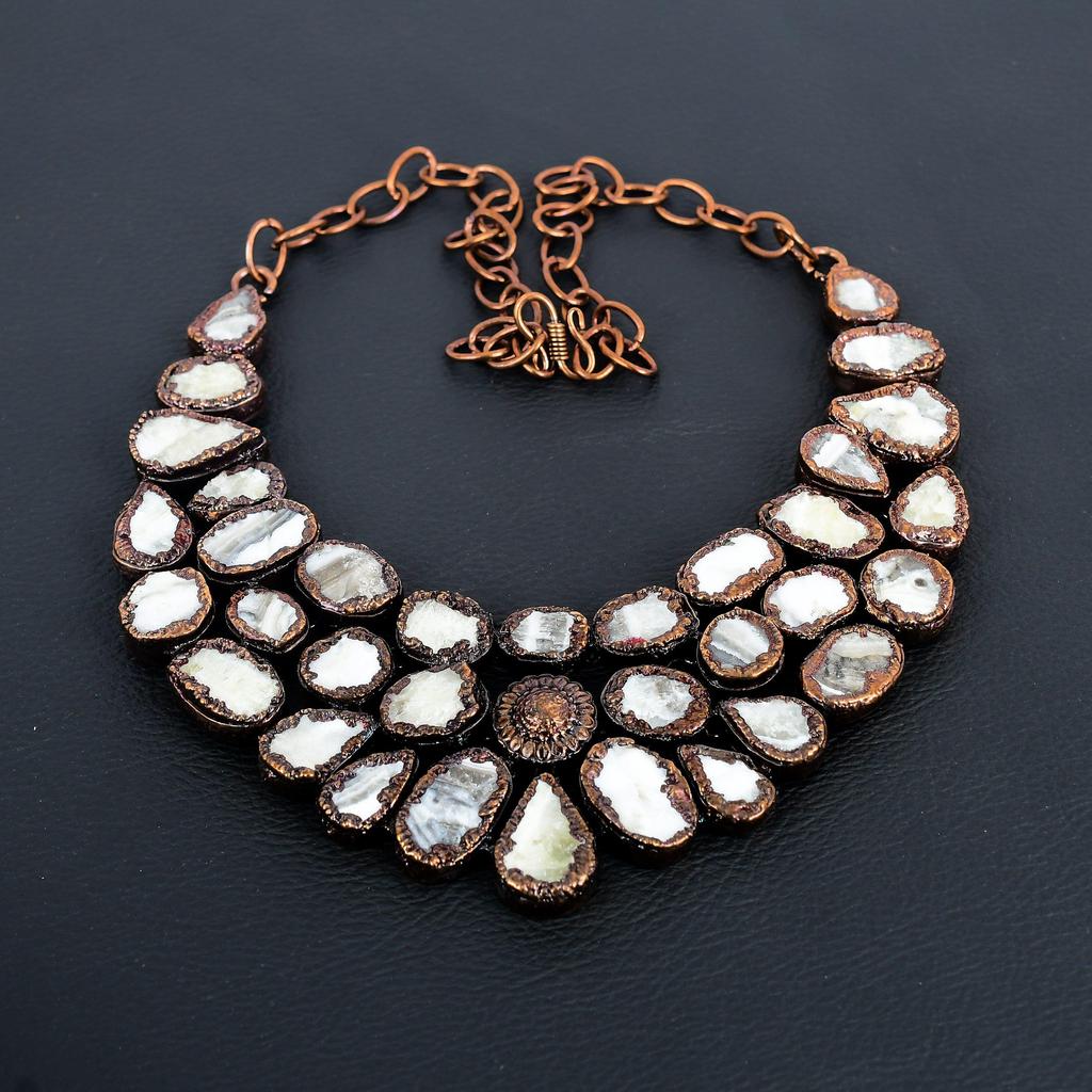Yellow Lace Agate Necklace Gemstone Jewelry, Copper Electroformed Adjustable Chain Necklace, Gift For Women Handmade Necklace