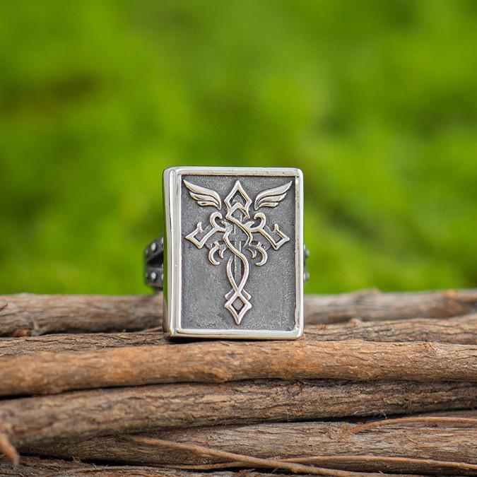 Yintai Fei Thai Silver "Secret Realm" Gothic Magic Book Shape Retro Seal Pinky Ring for Women