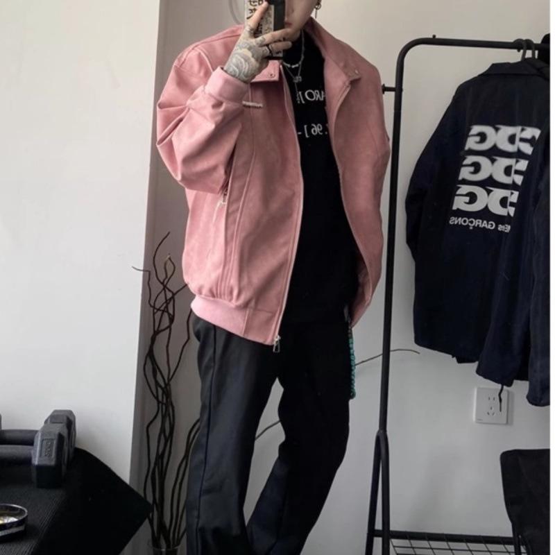 Herren Trendige Amerikanische Retro Pink Leder Motorrad Bomberjacke - High-End Frühling/Herbst Harrington Stil