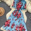 New Summer Beach Gorgeous Floral Midi Dress Shirt Women Single Breasted Belt Lace Up Short Sleeve Long Party Dresses Office Lady