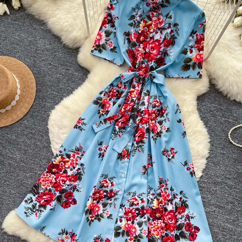 New Summer Beach Gorgeous Floral Midi Dress Shirt Women Single Breasted Belt Lace Up Short Sleeve Long Party Dresses Office Lady