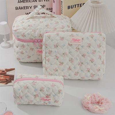 Portable Bow-knot Floral Patterns Makeup Bag Large Capacity Toiletry Bag Storage Bag Women Girls