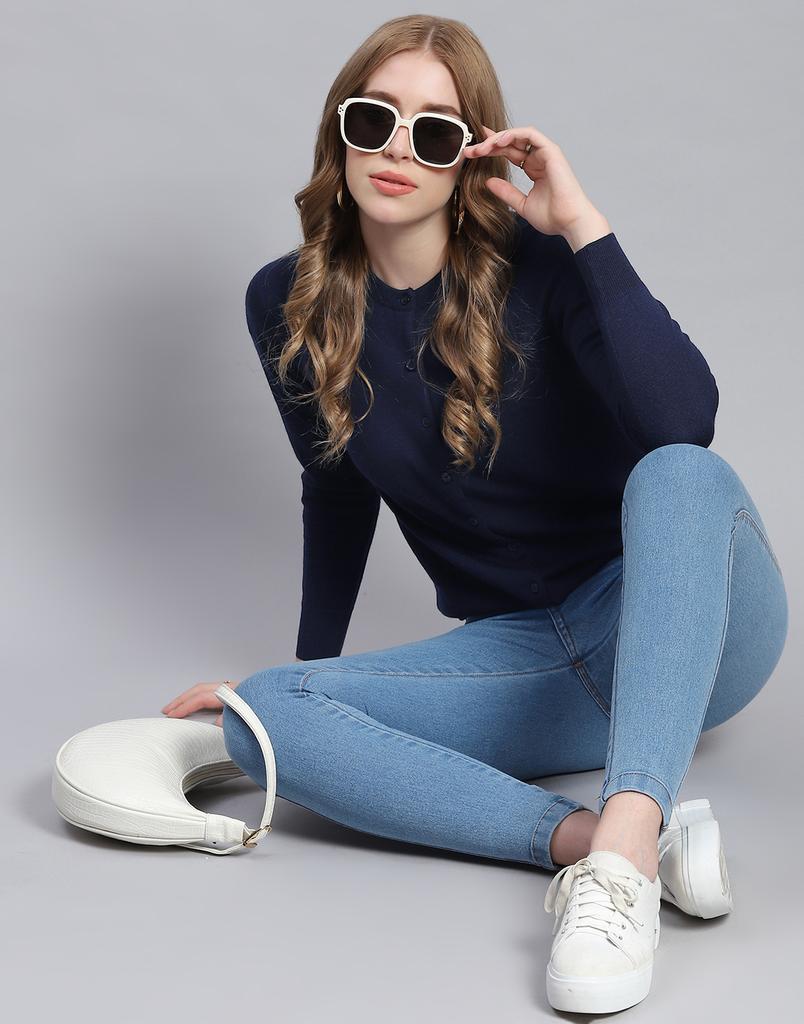 Monte Carlo Navy Solid Round Neck Sweater