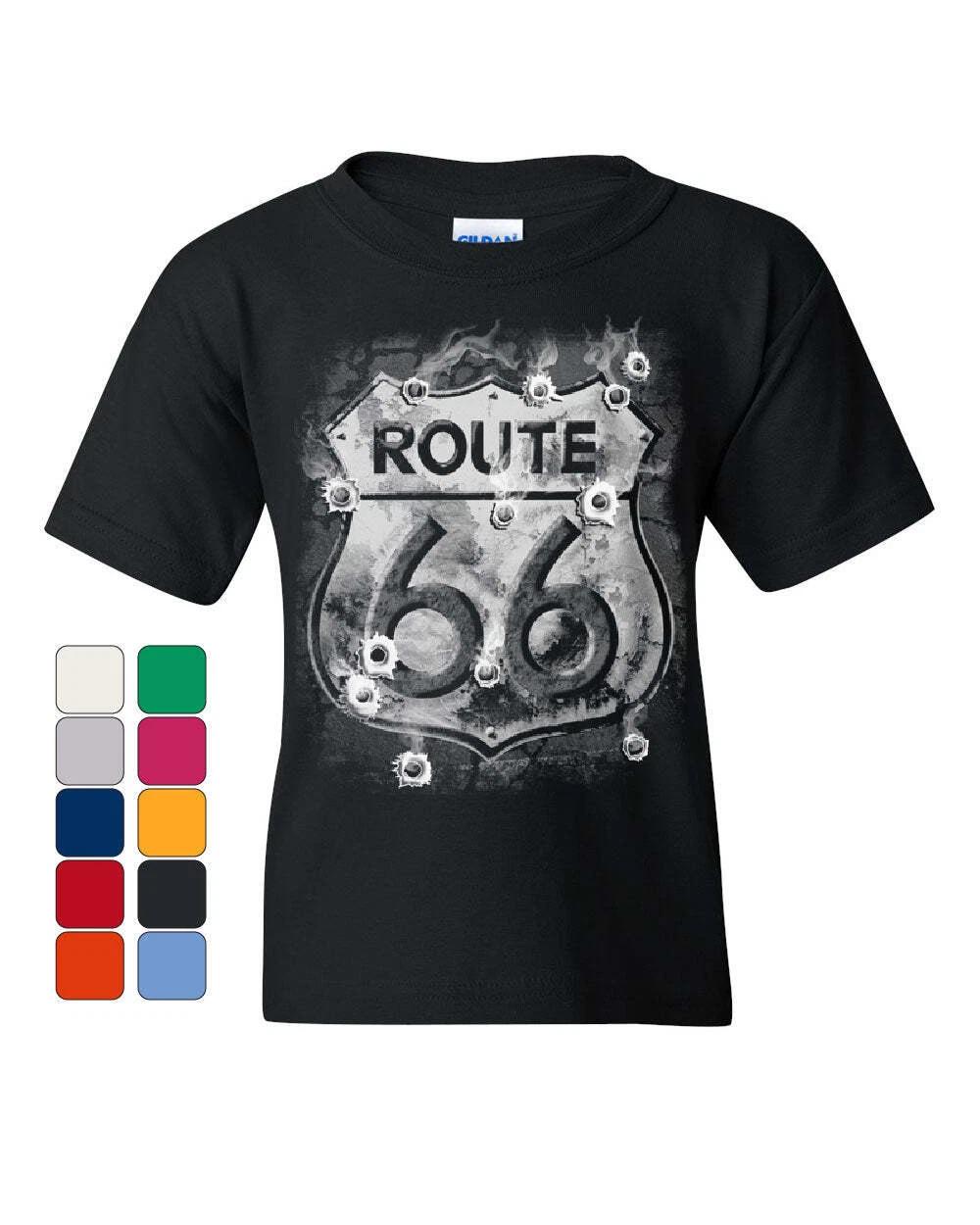 Route 66 Youth kids boys T-Shirt Bullet Holes The Mother Road American Highway Kids Tee 120
