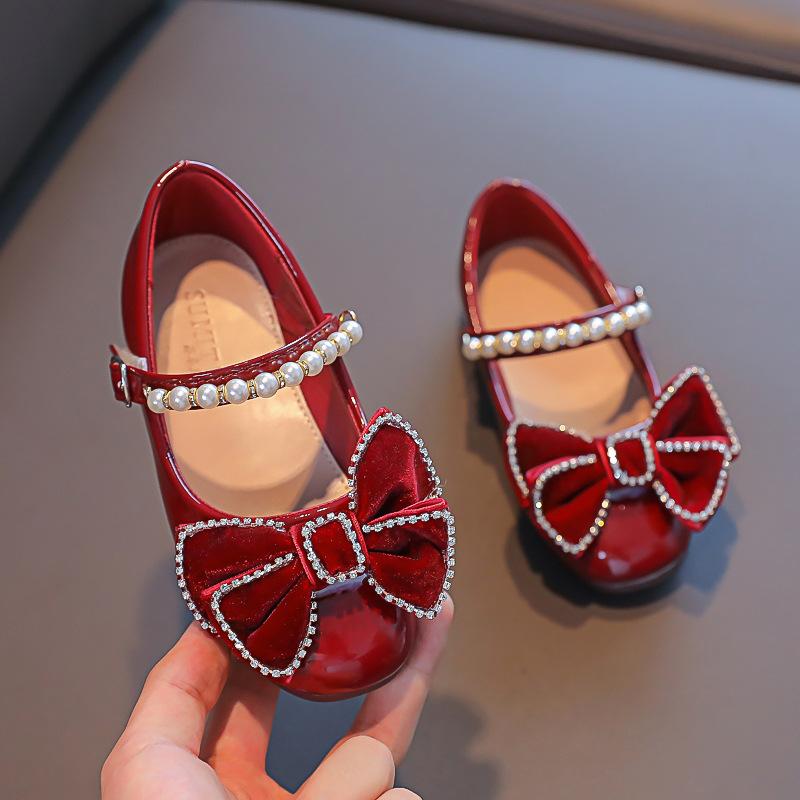 Children's Mary Jane Shoes Girls Black Red Leather Shoes with Rhinestone Bow Fashion Versatile Unique Kids Non-slip Dress Flats