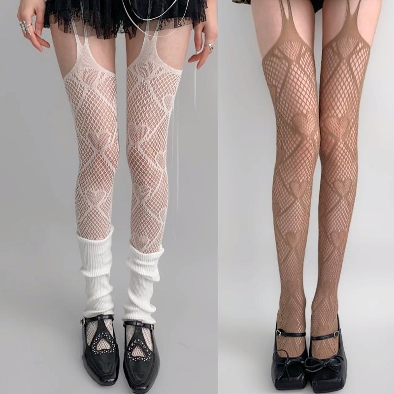 Women Sexy Hollow Out Fishnet Garter Belt Pantyhose Gothic Heart Patterned Sheer Thigh Highs Stockings Suspender Tights