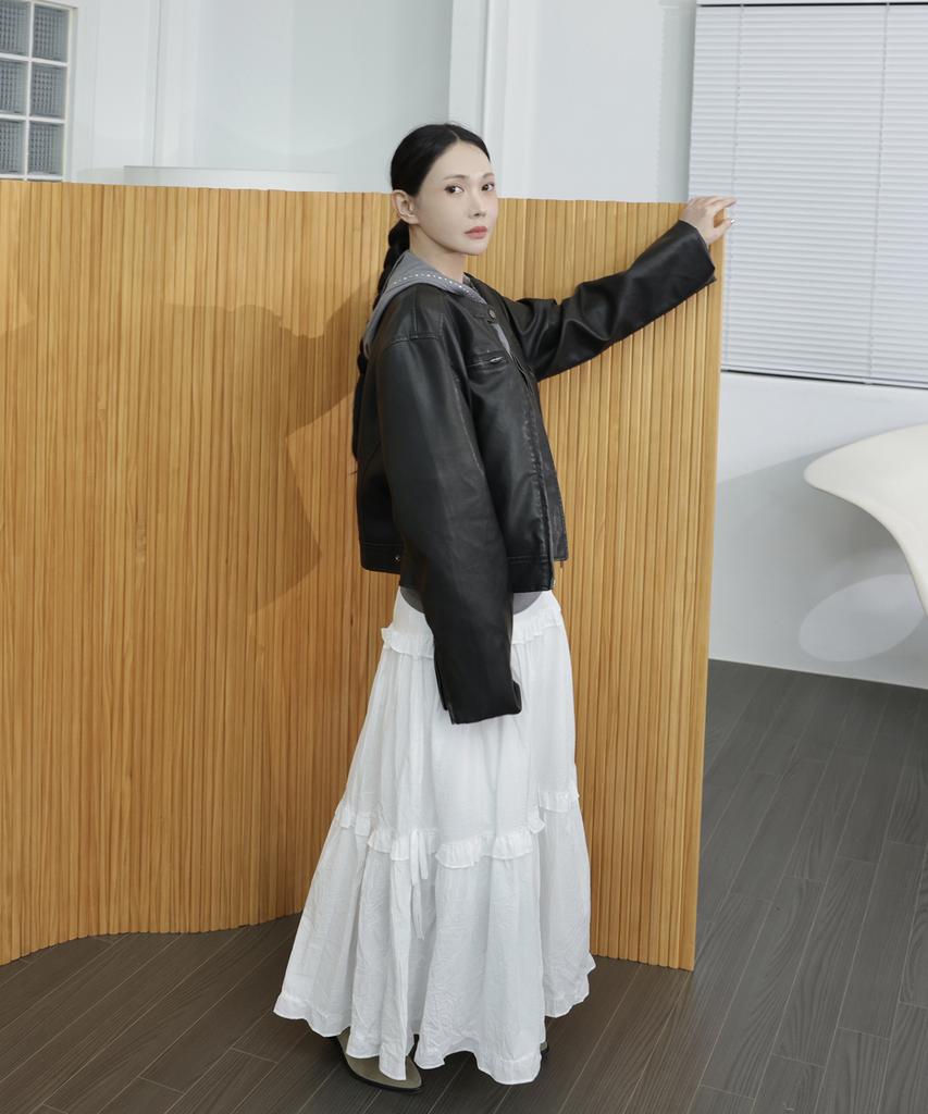 Place Studio Tiered Frill Flare Ribbon Shirred Long Cotton Skirt [Cream]
