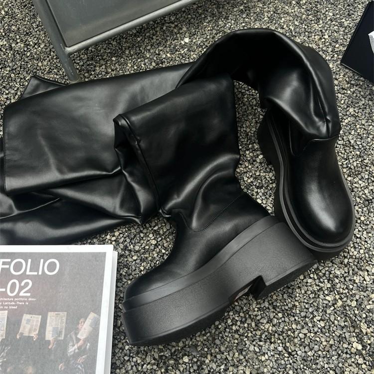 European and American style thick-soled big tube surrounding stacking boots~ New round head splicing sleeve pleated wedge heel high heel knee boots
