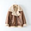 New Winter Women Fashion Leather Fur Warm Zipper Belt Buckle Stand Collar Motorcycle Short Jacket