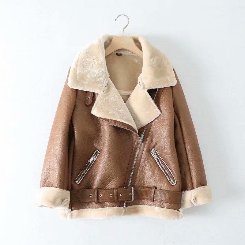 New Winter Women Fashion Leather Fur Warm Zipper Belt Buckle Stand Collar Motorcycle Short Jacket