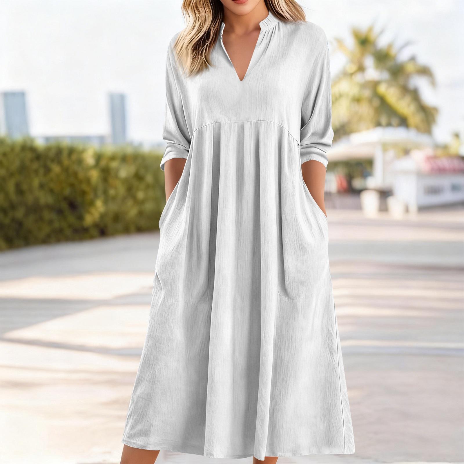 

Women s Fashionable Color V-neck Casual Loose Retro Cotton Linen Long Sleeved Pocket Dress XL білий