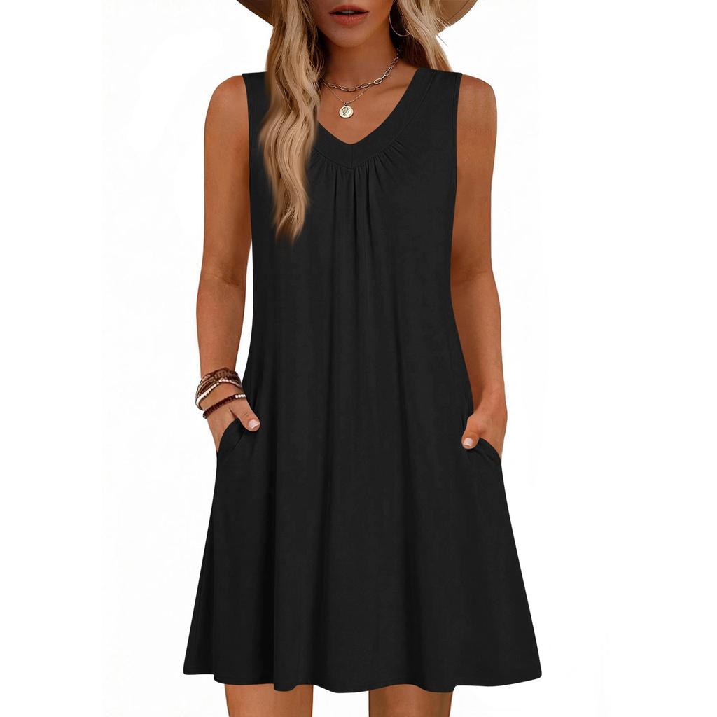 Women's Fashion Color Summer Sleeveless V-neck Vest Pocket Casual Loose Dress