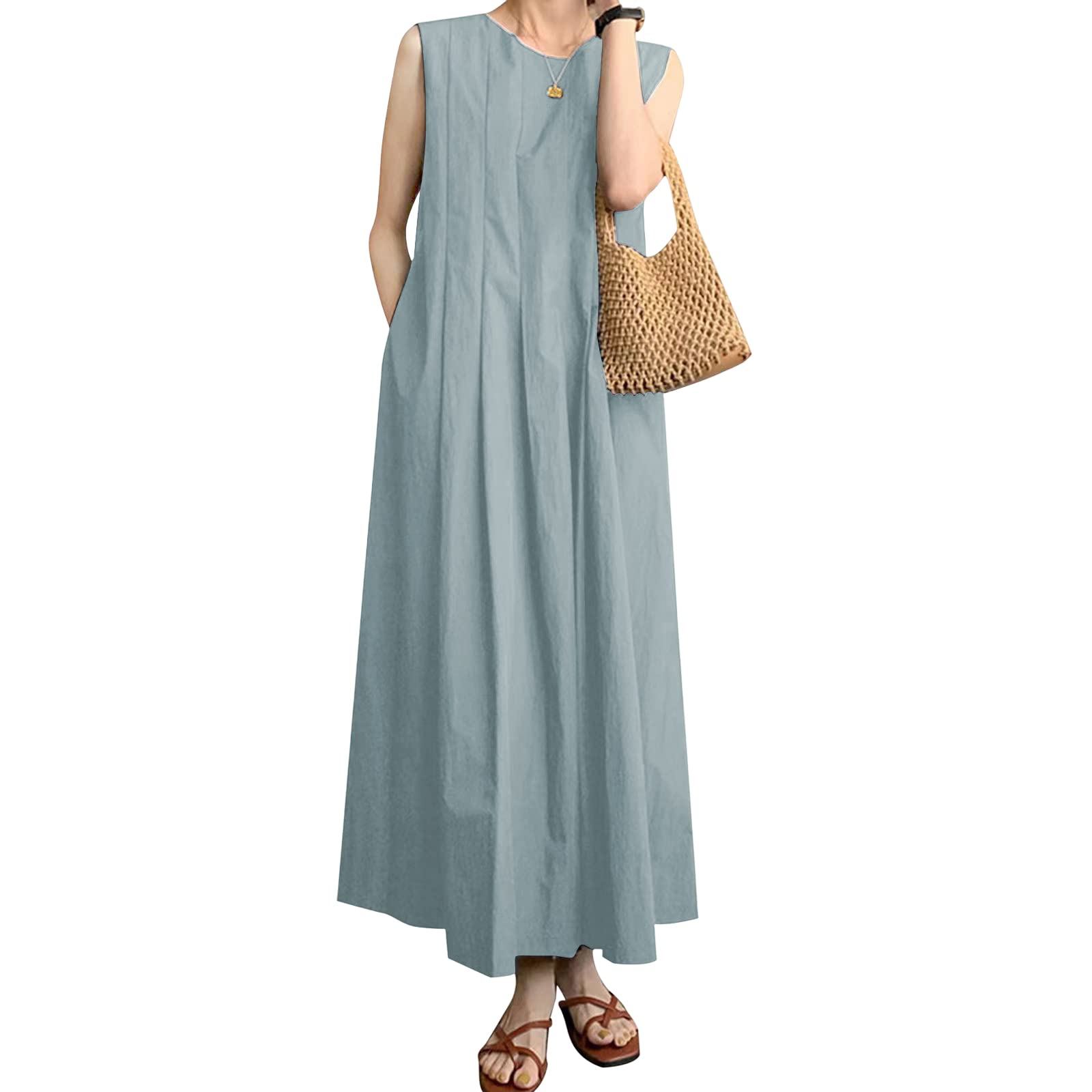 

MEME XTRA Sleeveless Long Plus Sizes Korean Office Loose Summer Midi Free Size Women s Dress, Spring/Summer, A-Line, Available, Elegant, Casual, синий