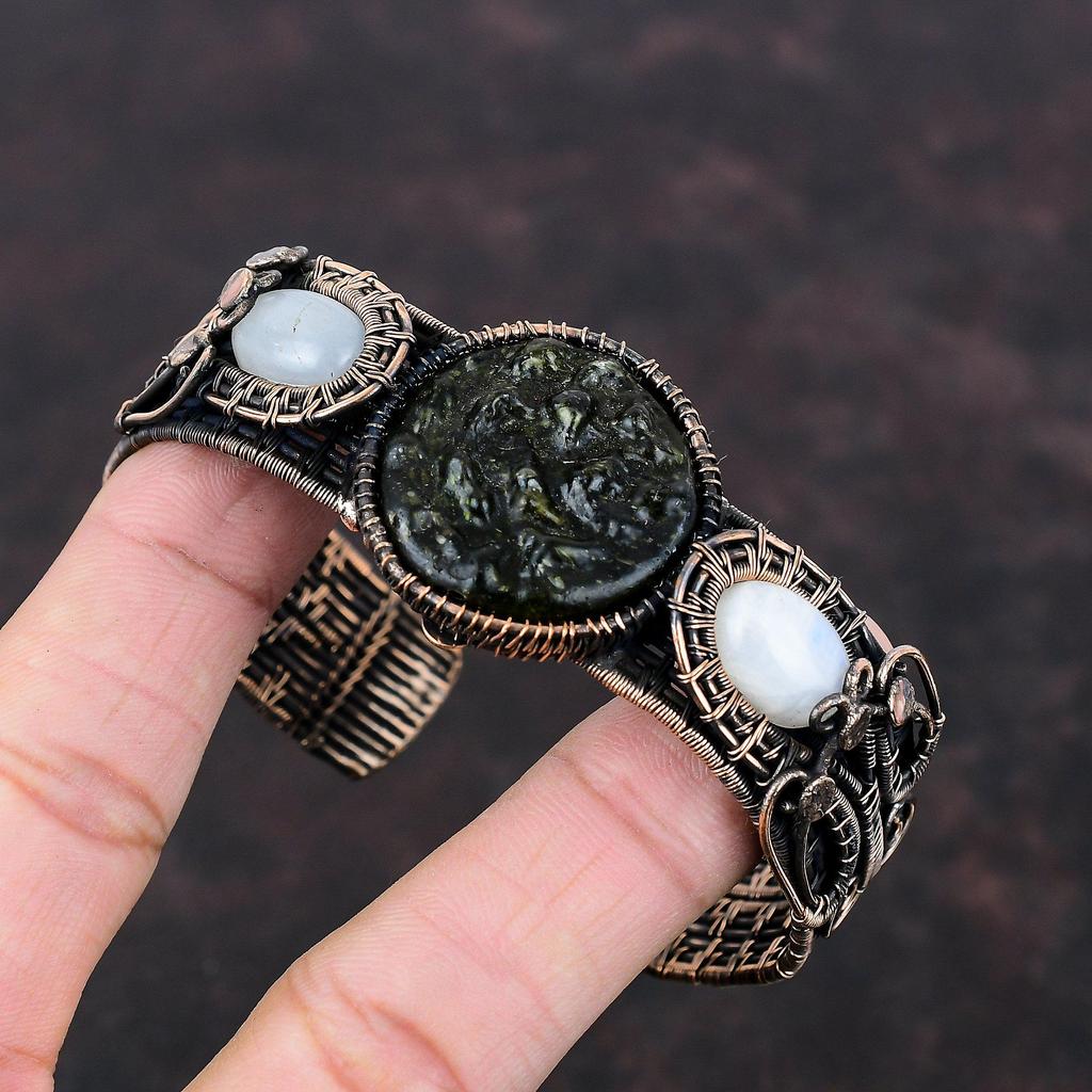 Moldavite Bangle Copper Wire Wrapped Adjustable Cuff Bracelet Handmade Moonstone Bangle Copper Jewelry Gemstone Cuff Bracelet Gift For Women