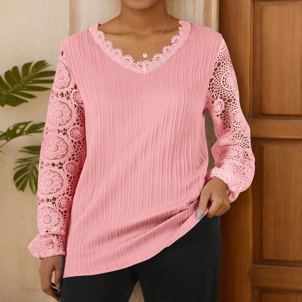 Lockeres T-Shirt mit V-Ausschnitt und Spitze im Patchwork-Stil für Damen, langärmelig, lässig