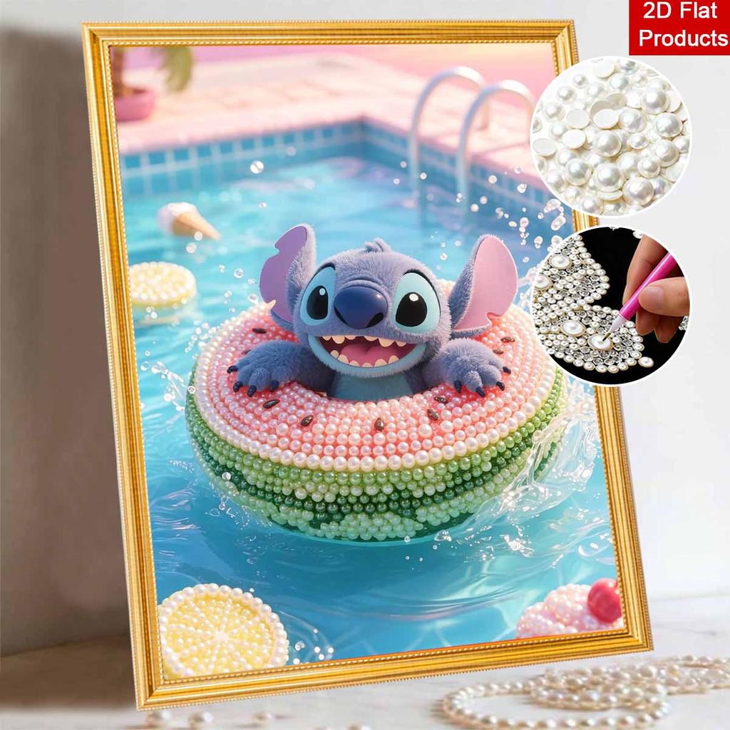 Disney Stitch Pearl Painting Handmade DIY Pearl Art Painting Simple Living Room Hanging Painting Decoration Watermelon Ring Splash Pool Fun Summer