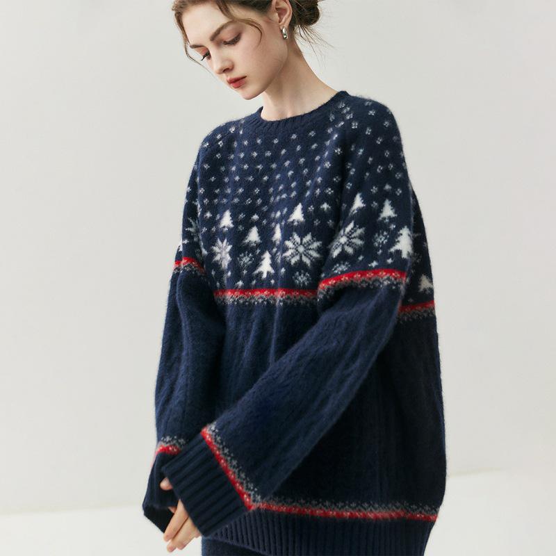 Women's Cashmere Snowflake Drop-Shoulder Sweater - Warm, Super Thick Crew Neck for Autumn/Winter