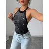 Women's Sparkle Rhinestone Bodysuits Sleeveless Backless Halter Leotard Night Out Bodysuit