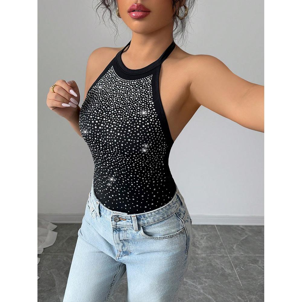 Women's Sparkle Rhinestone Bodysuits Sleeveless Backless Halter Leotard Night Out Bodysuit