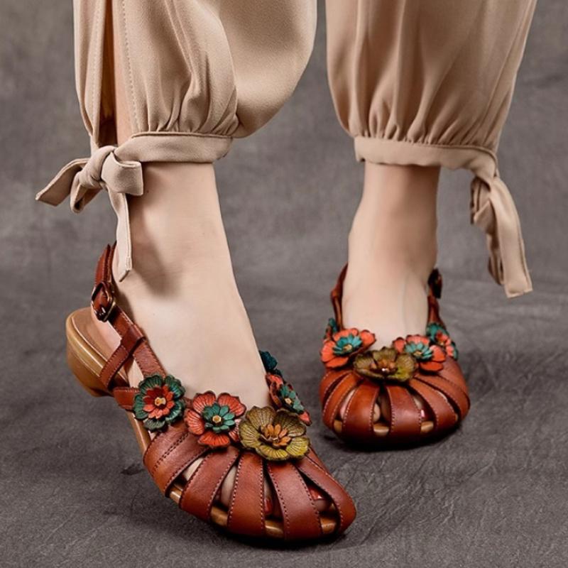 

Дизайнерские женские балетки-сандалии с цветочным декором, ретро туфли с пряжкой, летние классические слинбэки, повседневная обувь 2025 для ходьбы, удобные сандалии для женщин 40