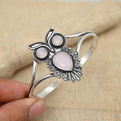 Rosa Chalcedon-Edelstein-Schmuck, handgefertigtes Armband aus 925er-Sterlingsilber, verstellbarer Armreif im Eulen-Design