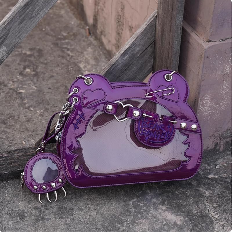 Morning Glory Landmine Bear Ita Bag with Badge Case/Purple, Otaku Goods, G.trigger Ita Bag, Clear Bag [Parallel Import]