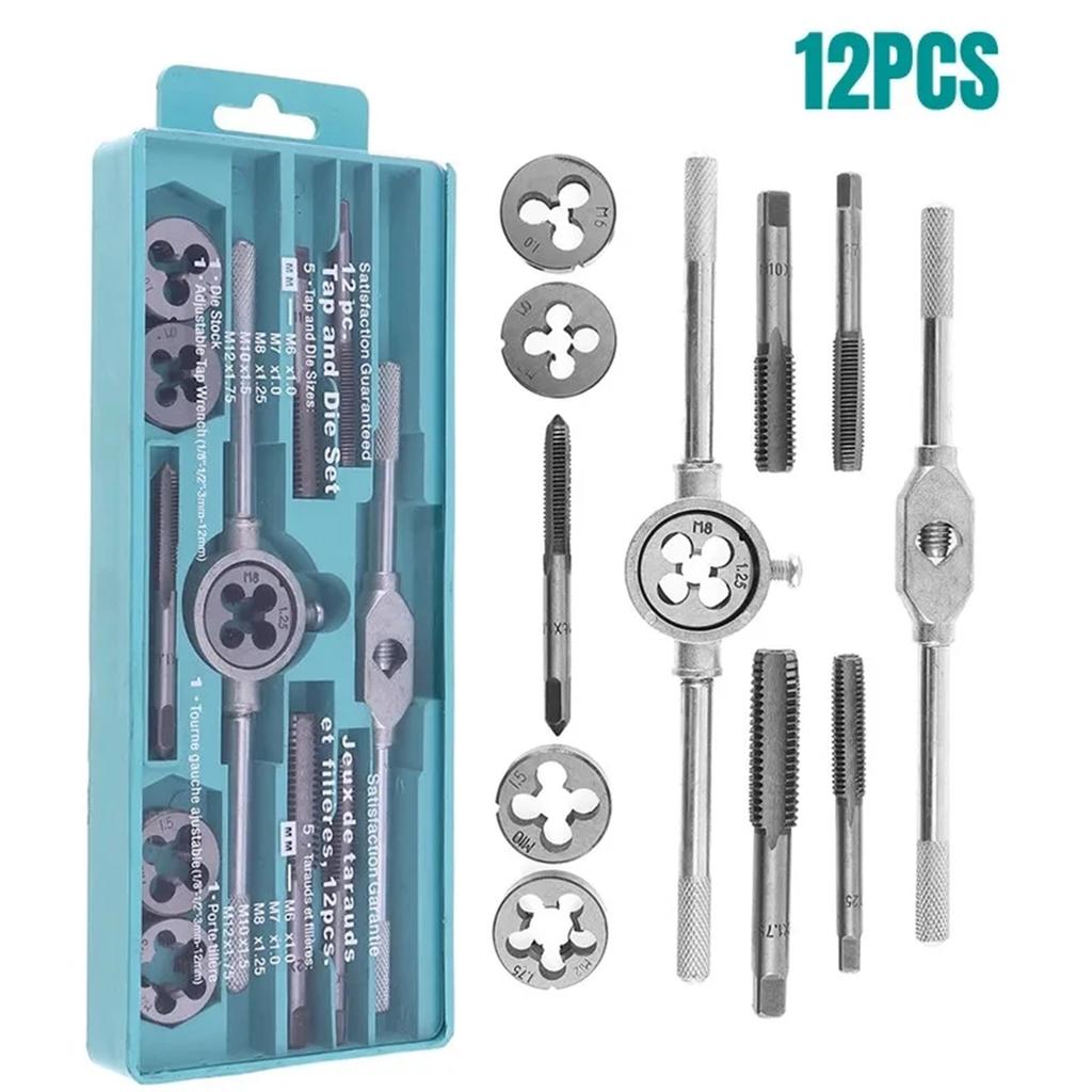 12Pcs Bearing Steel Taps and Dies M6-M12 Metric Tap Die Wrench Set Tap and Die Tool Set for Internal and External Threading