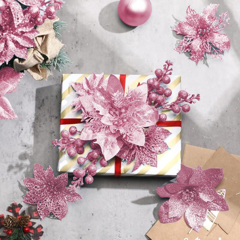 5Pcs Pink Glitter Artificial Flowers Berry Ornament Christmas Tree Decoration with Clips Stem for Xmas Home Decor Accessories