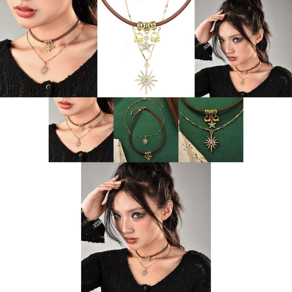 Stylish Two-layer Choker Necklace Set For Women With Rhinestone Stars And Flowers