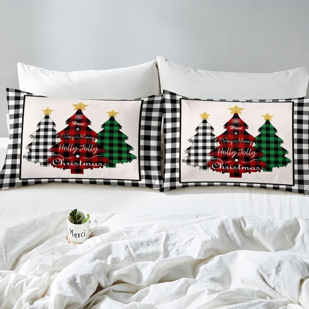 Geometric Grid Christmas Tree Three-Piece Digital Printed Bedding Set Bed Cover
