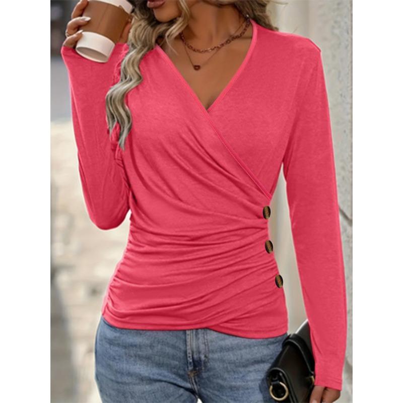 Women S V Neck Long Sleeve Pleated Waist Slim Fit T Shirt