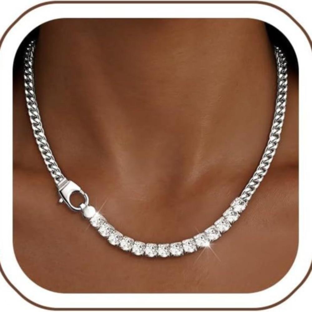 Shangxin Titanium Steel Cuban Chain Splicing Zircon Tennis Chain Light Luxury Personality Men's and Women's Collarbone Necklace
