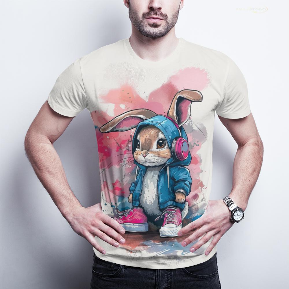 Hip-Hop Bunny Graphic Tee - Urban Streetwear Rabbit with Headphones, Splash Art Design, Soft Polyester, Men's T-Shirt