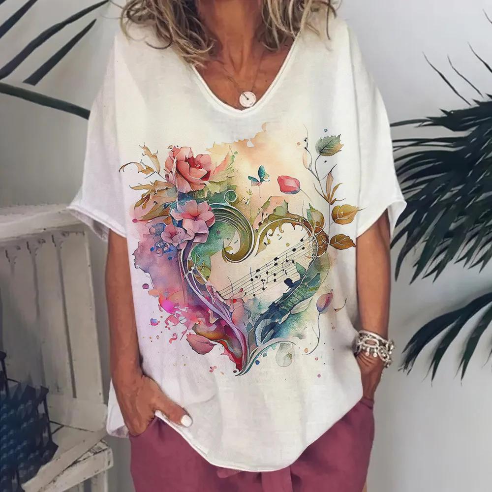 Ρούχα Γυναικεία με Λαιμόκοψη V Oversized Ρούχα Γυναικεία Κοντομάνικα Καλοκαίρι Ρετρό Μπλουζάκι Μόδες Βιολιά Μπλουζάκι με Εκτύπωση Streetwear