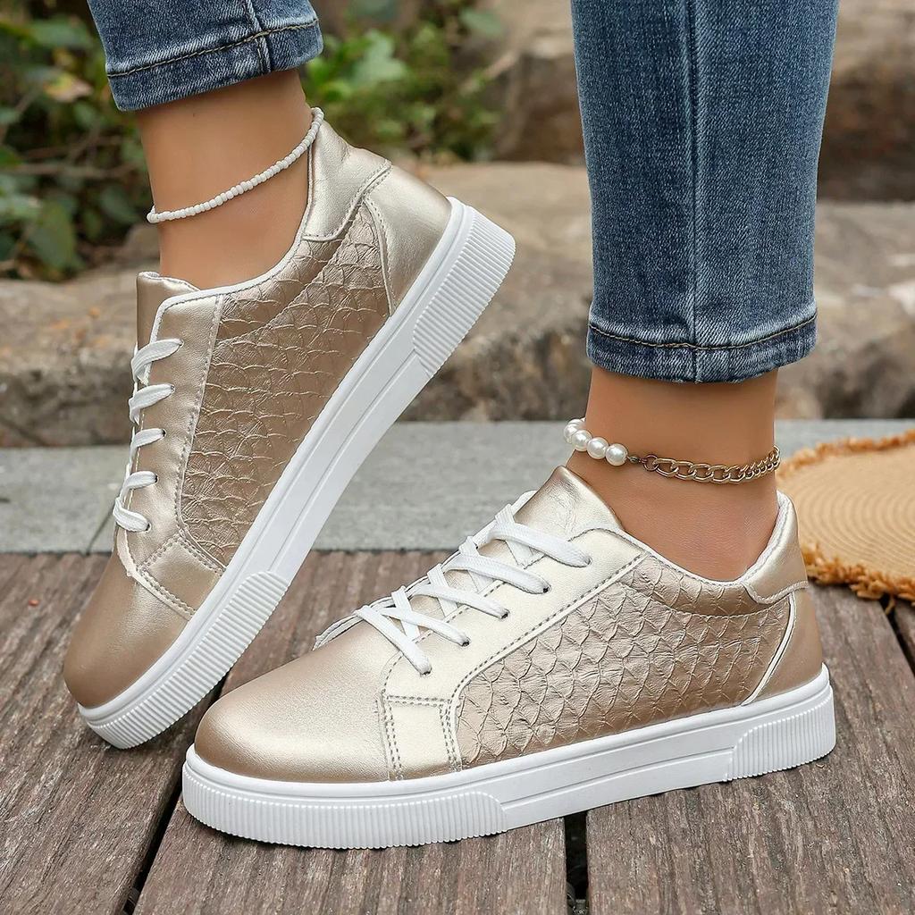 Fashion Plus Size 42 Women Gold Sneakers Spring Autumn New Women Fashion Lace-up Soft PU Leather Board Shoes Ladies Casual Shoes