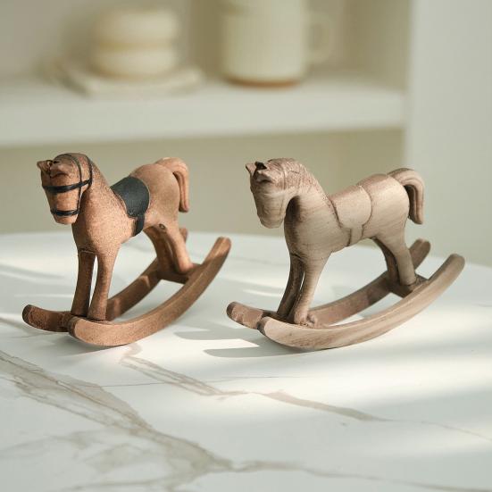 Yousheng Wooden Rocking Horse Figurine Vintage Wood Carving Pony Statue Sculpture Home Office Desktop Decoration Ornament