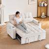 Um sofá-cama 3 em 1 com 142 cm de largura, função de reclinação, almofadas de assento e encosto macias como nuvens, duas almofadas lombares, uma prateleira e um porta-copos