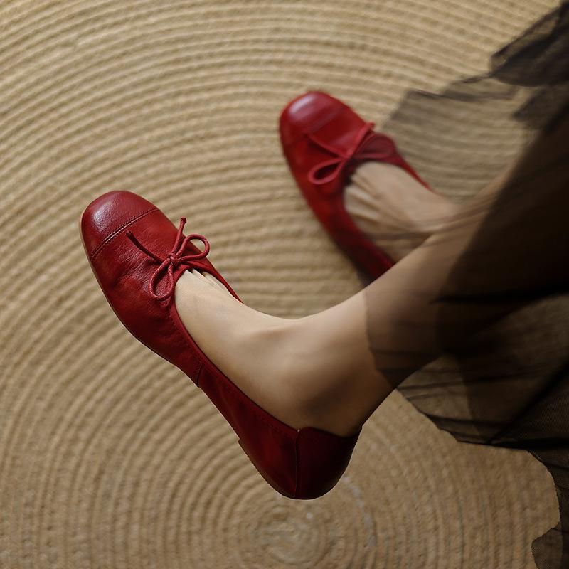 

Sheepskin version~ 2025 spring new versatile French bow gentle wind ballet one pedal women s single shoes 35 красный